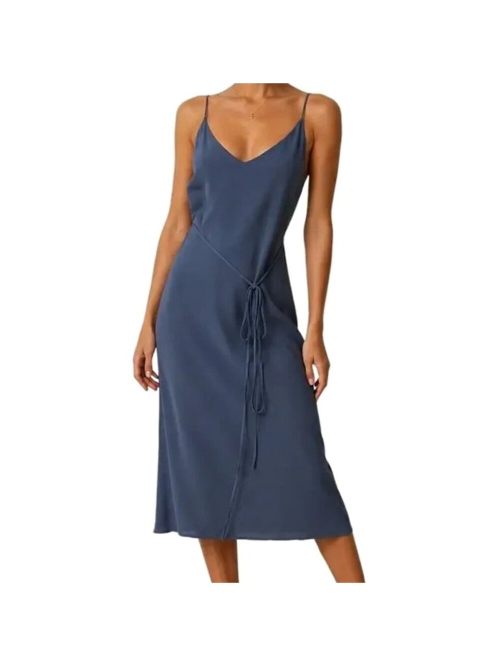 Lulus Denim Blue V-Neck Slip Dress Midi Spaghetti Strap Size Large NWT 67027